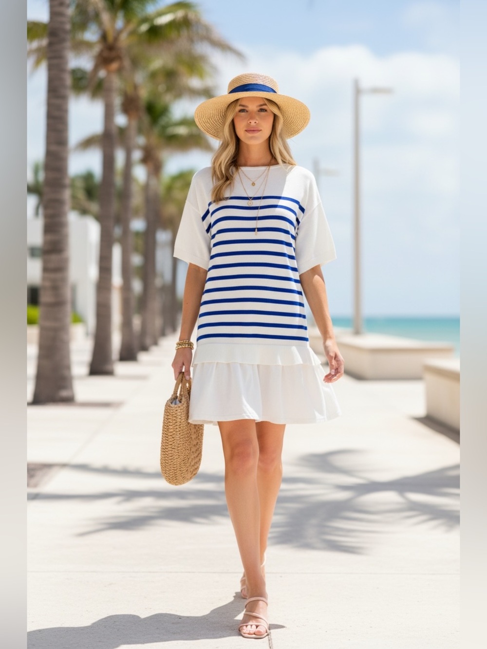 049 • Amabella Chic Luxe Coastal Blue Striped Midi Dress